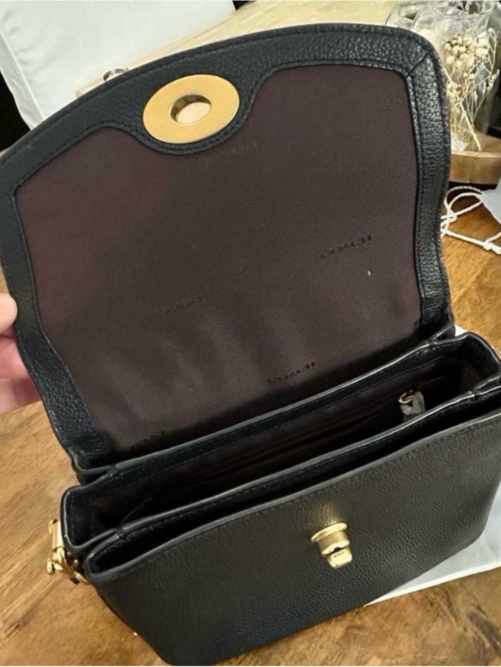 Coach Black Pebbled Leather Crossbody with Gold Turnlock and Chain - Picture 7 of 8